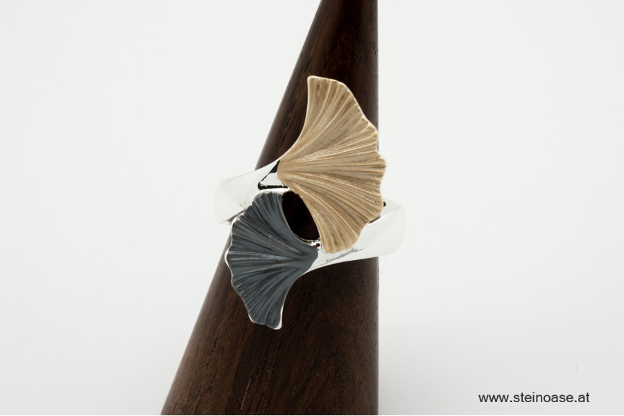 Ring Ginkgo-Blatt  Silber/Grau/Gold